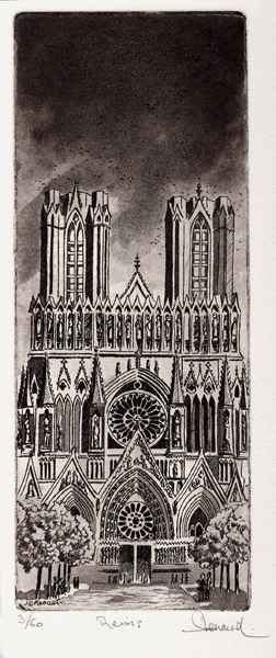 165 La cathédrale de Reims, Eau-forte et aquatinte, 26x38 cm